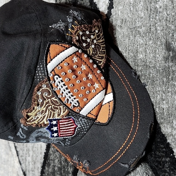 EMBROIDERED FOOTBALL ANGEL WINGS STARS DISTRESSED RHINESTONES CADET CAP HAT - Picture 13 of 15